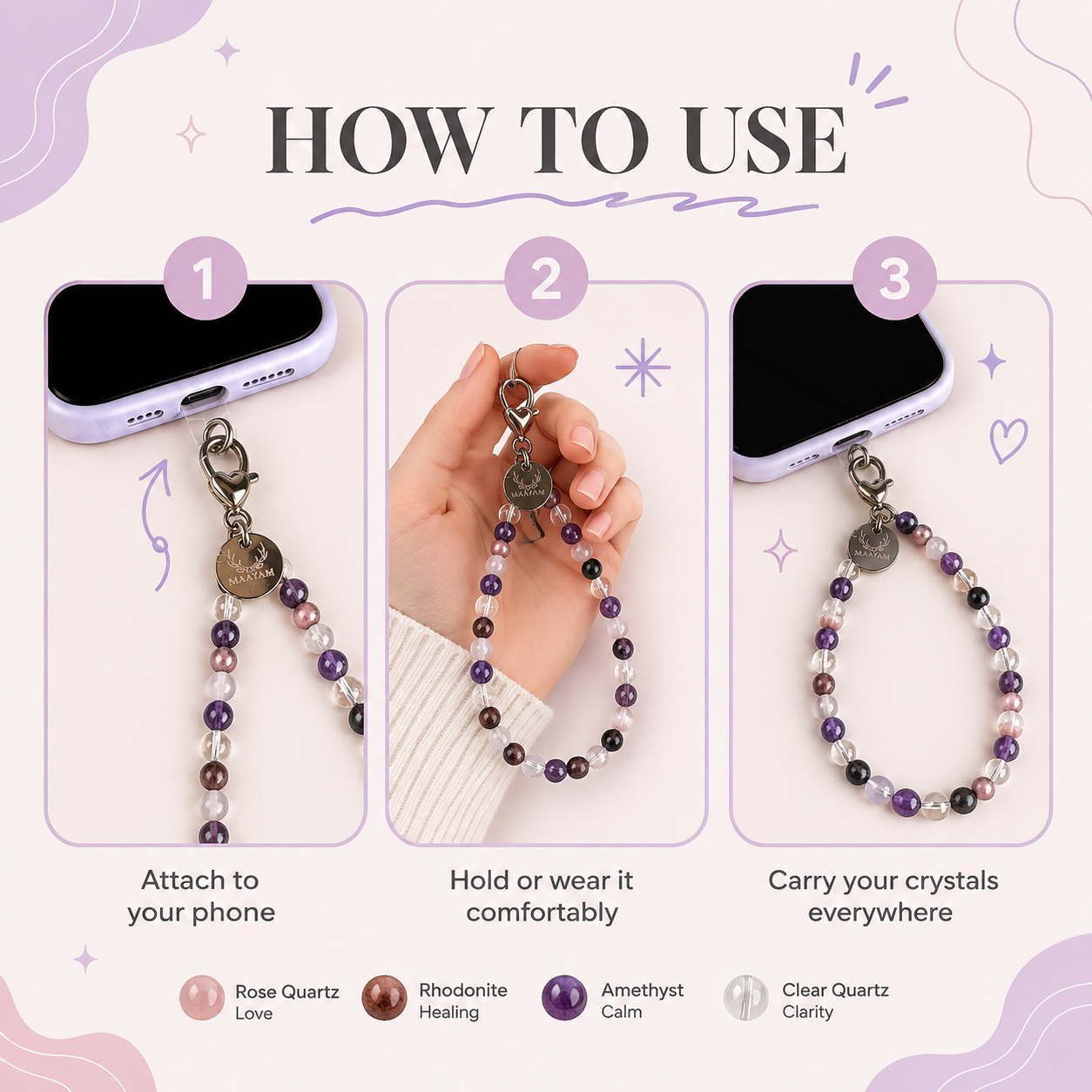 Healed Heart Phone Charm (Rose Quartz + Rhodonite + Amethyst + Clear Quartz)
