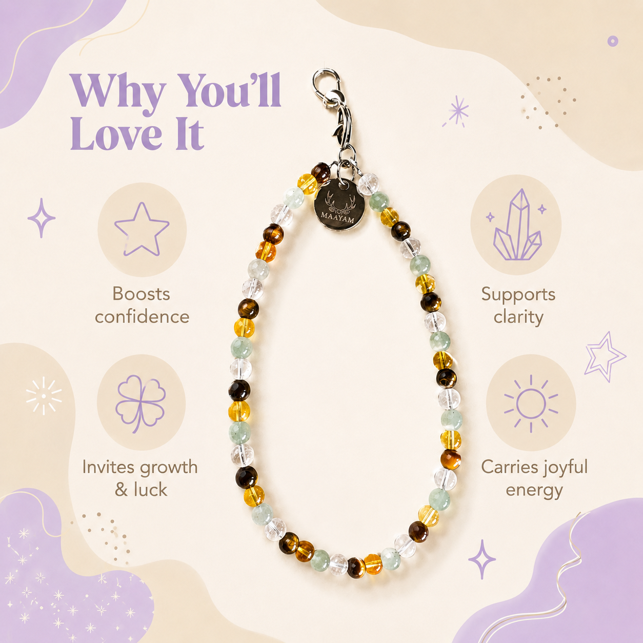 Success & Luck Phone Charm (Citrine + Tiger Eye + Green Aventurine + Clear Quartz)