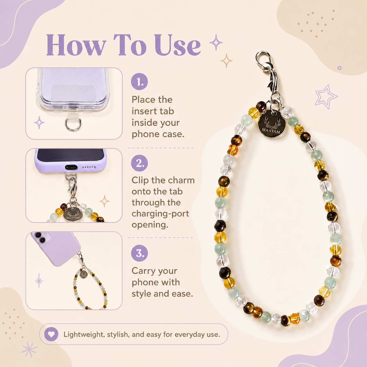 Success & Luck Phone Charm (Citrine + Tiger Eye + Green Aventurine + Clear Quartz)
