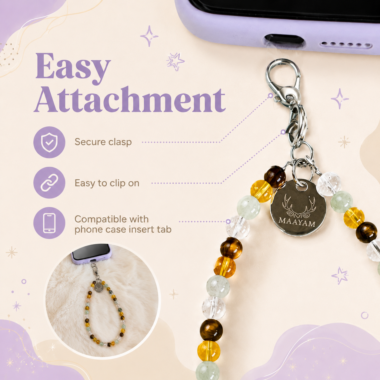 Success & Luck Phone Charm (Citrine + Tiger Eye + Green Aventurine + Clear Quartz)