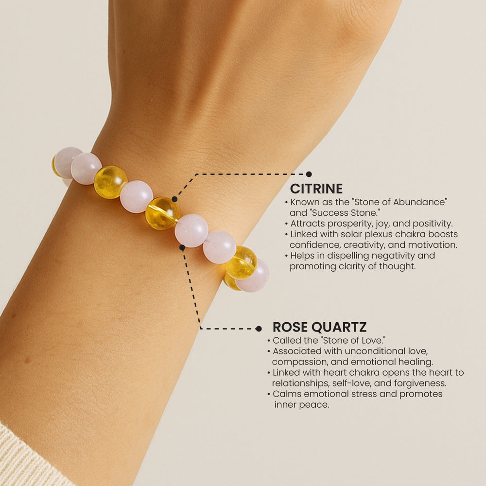 Natural Citrine Rose Quartz crystal bracelet close-up — Maayam India