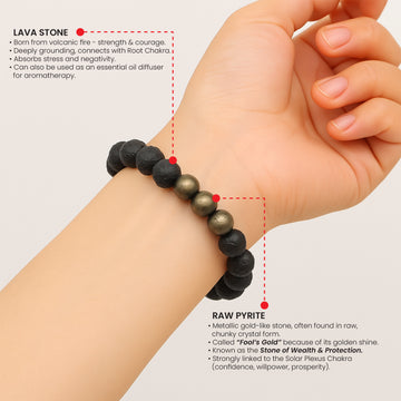 Natural Pyrite Lava Stone crystal bracelet close-up — Maayam India