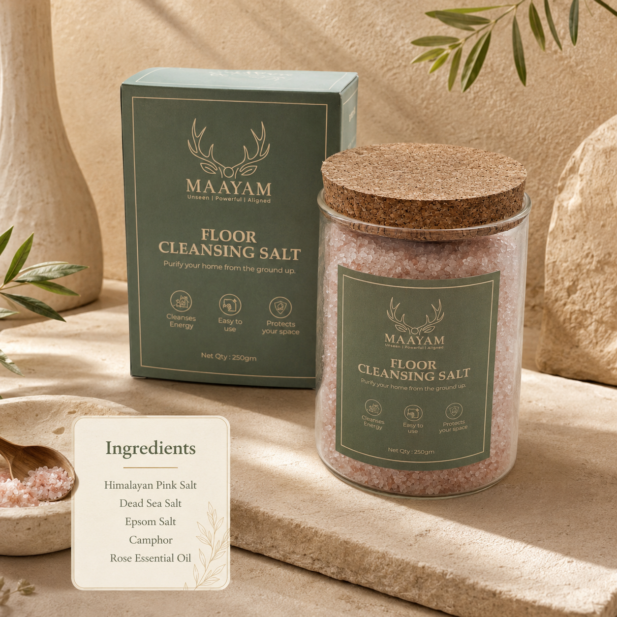 Vastu cleansing salt packaging and crystals — Maayam India