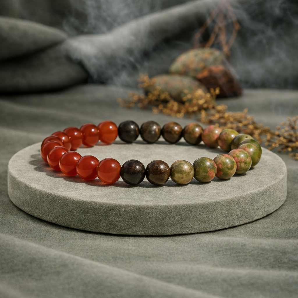 Natural Carnelian Unakite crystal bracelet close-up — Maayam India